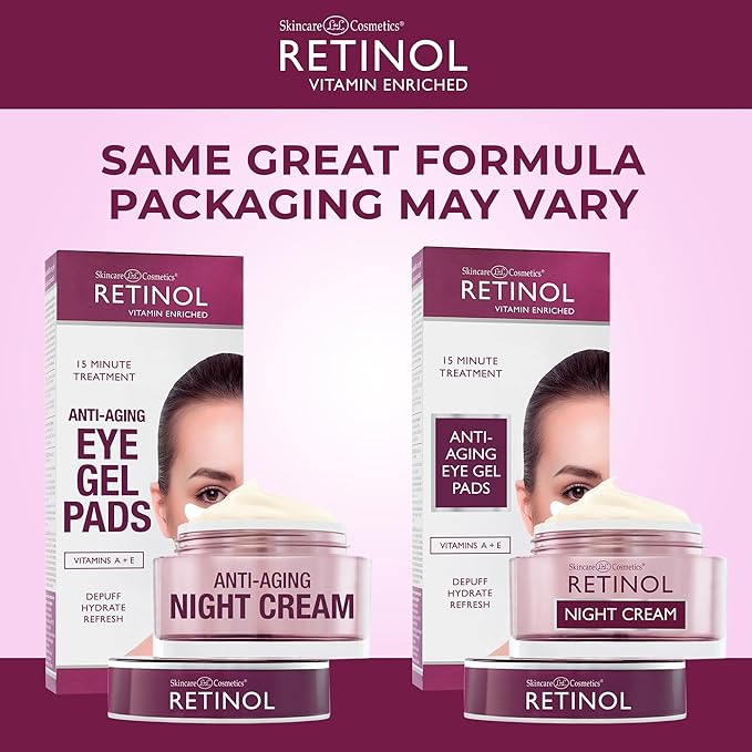 Retinol Anti-Aging Eye Gel Pads – Soothing Vitamin A Reduces Puffiness & Refreshes the Under Eye Area + Retinol Night Cream – Works While You Sleep to Restore and Reduce Fine Lines and Wrinkles.
