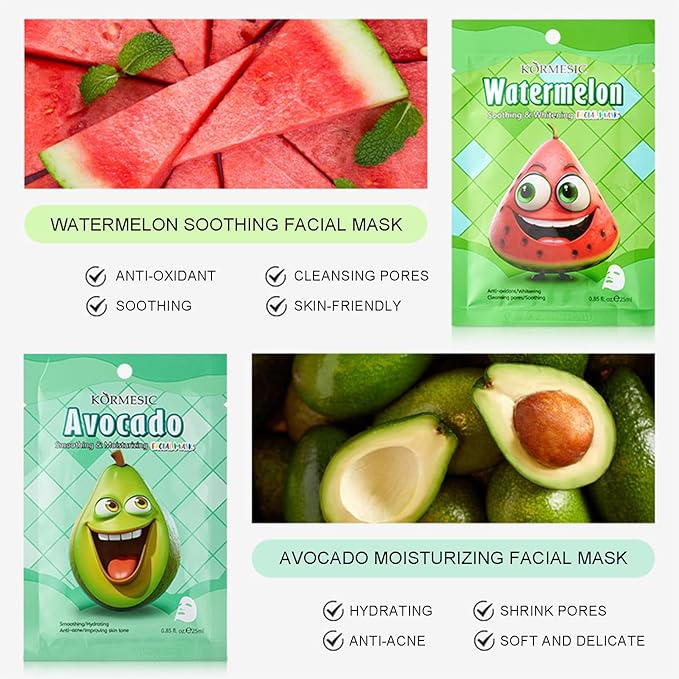 Fruit Face Mask, Facial Mask for Kids, Hydrating Face Masks Skincare Set, Sheet Masks Skin Care, Face Mask Set for Women Men Nourishing Skin, Birthday Party Spa Gift for Kids Teens Girls 7-Pack