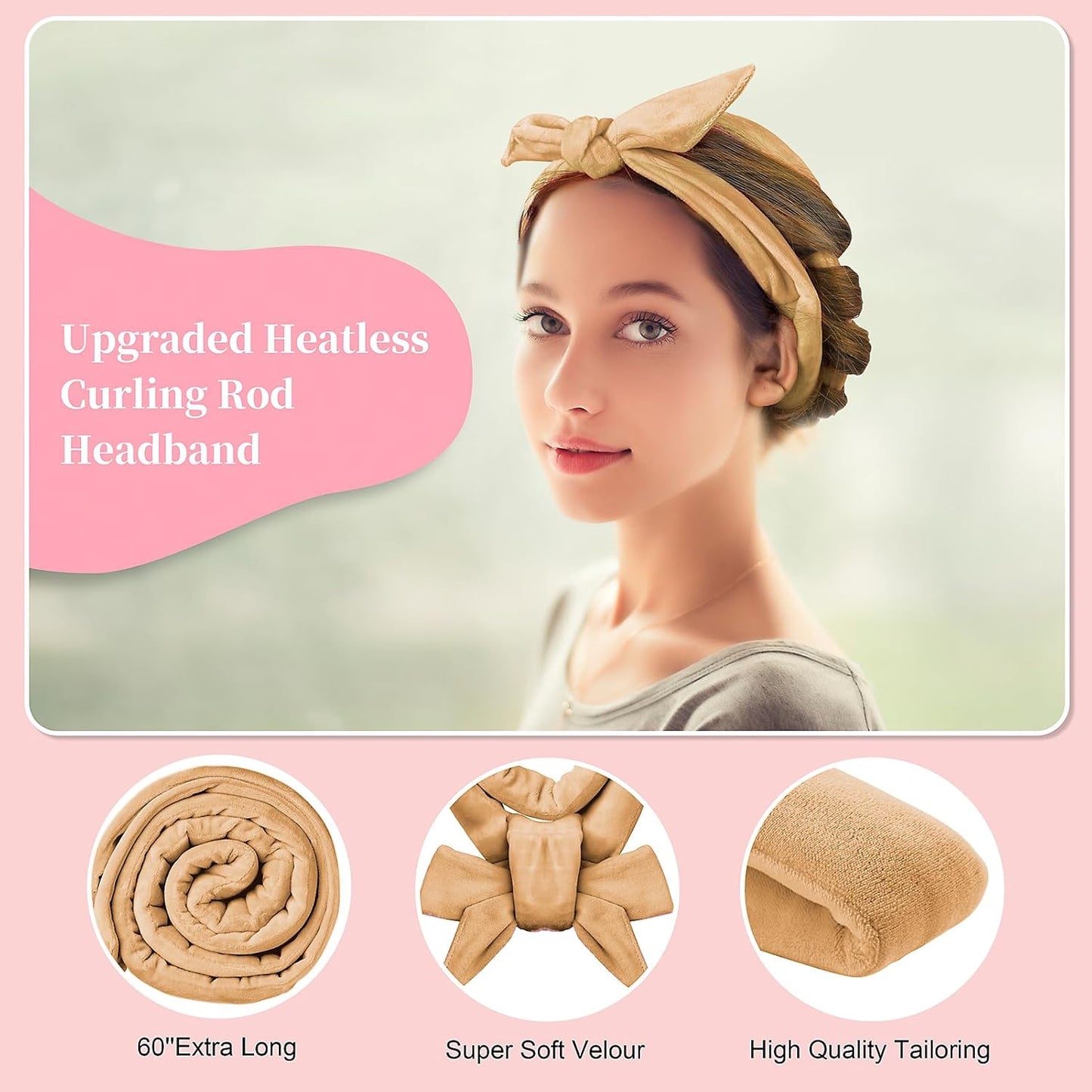 Heatless 60" Extra Long Soft Hair Curlers to Sleep In, No Heat Curling Headband Hair Rollers (Khaki)