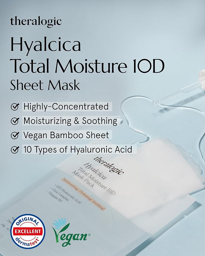 Hyalcica Total Moisture 10D Mask - Vegan Korean Moisturizing Face Mask Sheet with 10 Hyaluronic Acid and Cica - Non Sticky Refreshing - Derma Tested, 10 Sheets