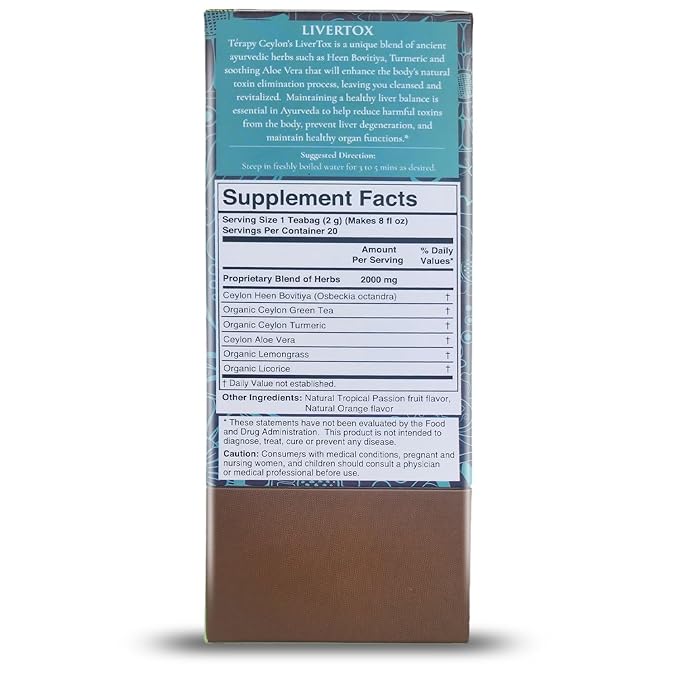 Térapy Ceylon LIVERTOX Organic Herbal Tea Bags | Helps with Liver Kidney Cleanse Detox & Repair | 100% Natural Ayurvedic Ingredients including Turmeric, Aloe Vera and Lemongrass | 20 Individually Wrapped Tea Bags