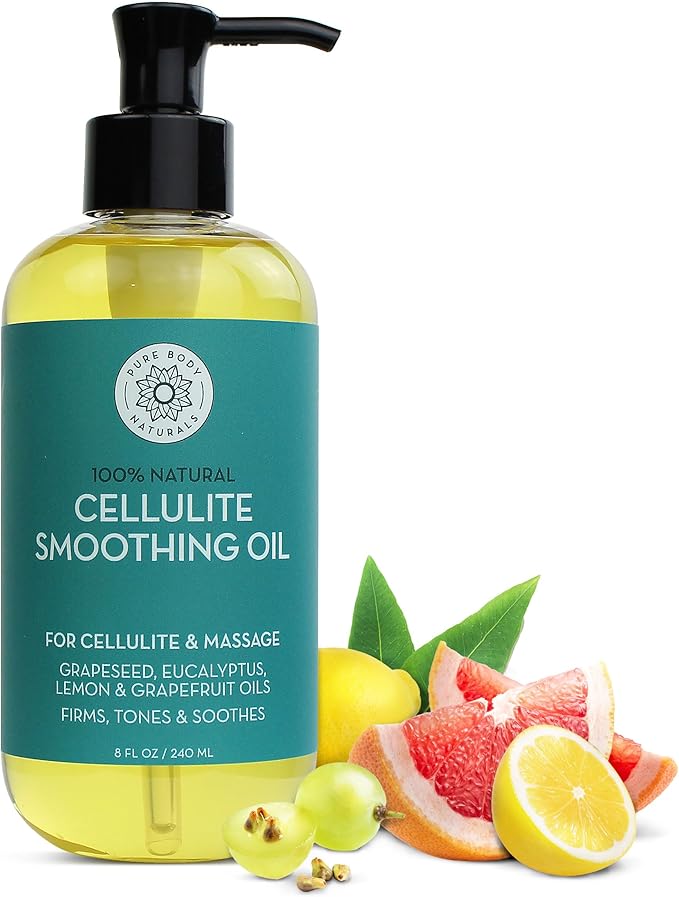 Pure Body Naturals Anti Cellulite Massage Oil, 8 fl oz | 100% Natural Cellulite Remover Oil for Thighs and Butt Firming | Chemical Free Body Oil for Skin Tightening and to Reduce Stretch Marks