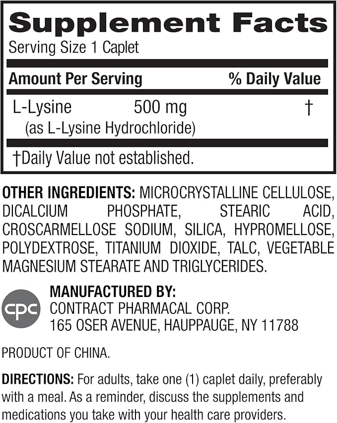 Earth's Splendor L-Lysine 500 mg Dietary Supplement for Men & Women, Supports Collagen & Tissue Maintenance (500 mg, 100 Caplets)