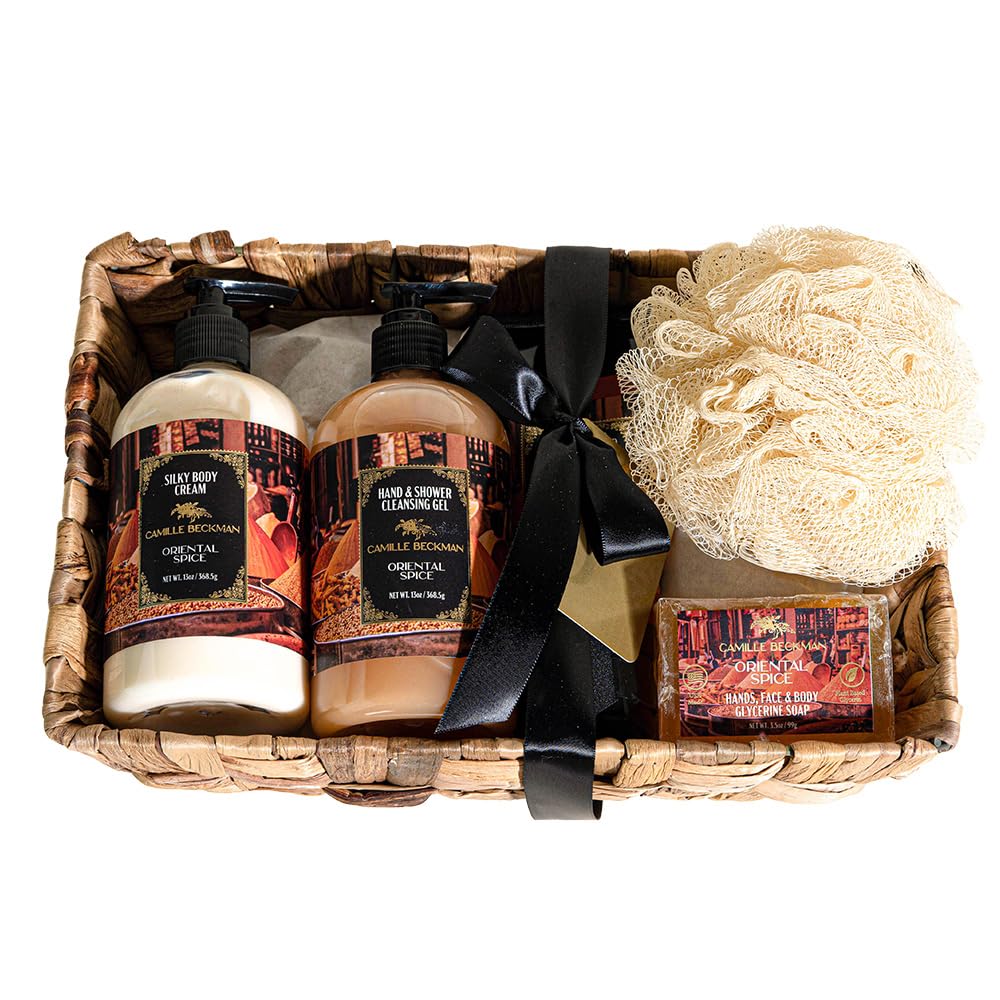 Camille Beckman Oriental Spice Essentials Gift Basket, Glycerine Hand Therapy 6 oz, Silky Body Cream 13 oz, Hand and Shower Cleansing Gel 13 oz, Glycerine Soap 3.5 oz, Bath Body Net, and Gift Basket