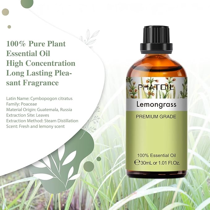 Lemongrass Essential Oil 1.01fl.oz/30ml, PHATOIL Lemongrass Oils Long Lasting Scents for Aromatherapy, Diffuser, DIY Soap and Candle Making