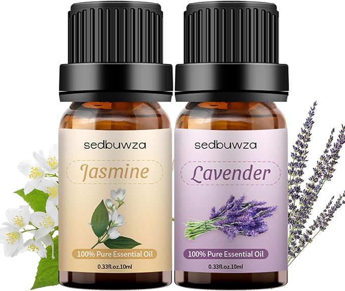 Sedbuwza Lavender Jasmine Essential Oil Set, Lavender Fragrance Oil Jasmine Scent Oil Set for Diffuser, Aromatherapy, Massage, Soap, Candle Making 2 x 10 ml