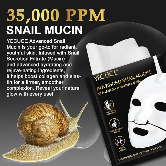 Snail Mucin Mask - Collagen Face Mask, 6 EA Face Sheet Mask with Advanced Snail Mucin Serum, Hydrating Facial Masks Skincare, Overnight Hydrogel Face Mask for Women, Korean Skin Care Glass Glow