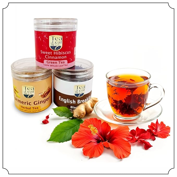 Tea Leaf & Co. Joyful 3 Pack Premium Tea Git Combo Box - Contains Sweet Hibiscus, English Breakfast Black & Turmeric Ginger Herbal Teas - Perfect for Premium Gifting (3Oz)
