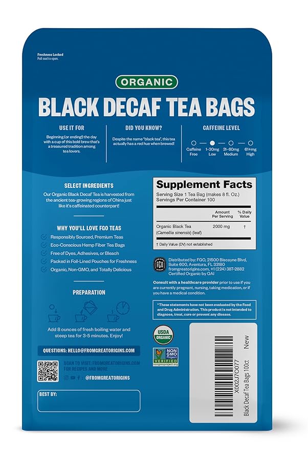 FGO Organic Black Decaf Tea, 100 Count, Eco-Conscious Tea Bags, Resealable Bag, Packaging May Vary (Pack of 1)