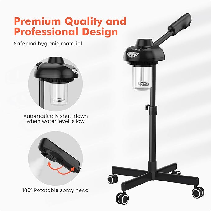 TASALON Steamer on Wheels for Professional Skin Rejuvenation, Facial Steamer Kit for Home, Spa, Clinic - Warm Mist, Ozone Face Humidifier - Pore Opener and Cleanser-Black
