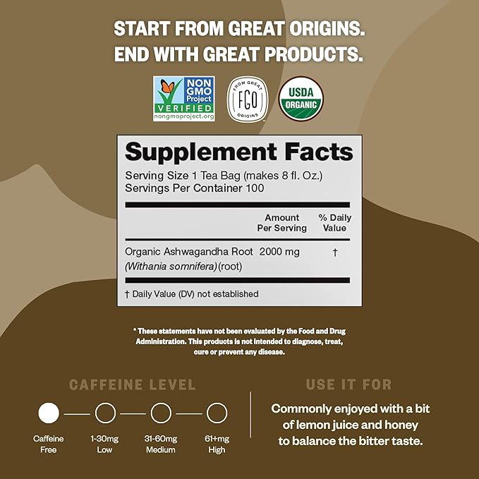 FGO Organic Ashwagandha Tea, 20 Count, Eco-Conscious Herbal Tea Bags, Resealable Bag, Caffeine Free, Packaging May Vary (Pack of 1)