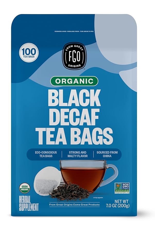 FGO Organic Black Decaf Tea, 100 Count, Eco-Conscious Tea Bags, Resealable Bag, Packaging May Vary (Pack of 1)