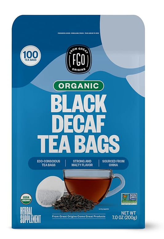 FGO Organic Black Decaf Tea, 100 Count, Eco-Conscious Tea Bags, Resealable Bag, Packaging May Vary (Pack of 1)