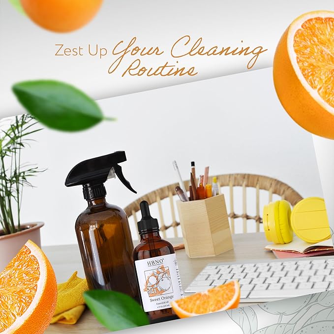 HBNO California Bottled Orange Essential Oil 4 fl oz (120ml) Value Size - Natural Orange Oil, Cold Pressed - Perfect for Cleaning, Aromatherapy, DIY, Soap & Diffuser -