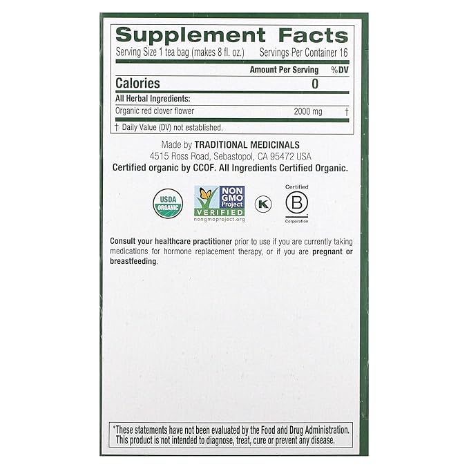 Traditional Medicinals Organic Red Clover, Caffeine Free, 16 Wrapped Tea Bags, 1.13 oz (32 g)