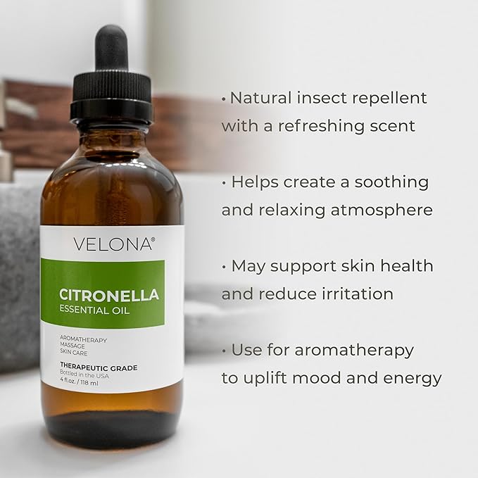 Citronella Essential Oil by Velona - 4 Fl Oz | Therapeutic Grade 100% Pure and Natural | for Aromatherapy Diffuser, Massage, Skincare, Haircare, Soapmaking | Undiluted and Multipurpose in Glass Bottle