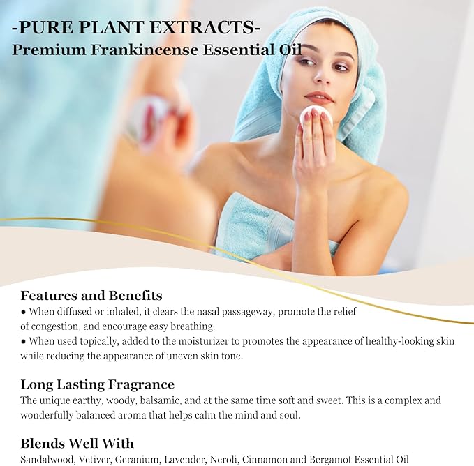 Frankincense Essential Oil 10 ml Pure Essential Oil with Glass Drop Great for Diffusers,Aromatherapy, Soap & Candle Making, Humidifier - 0.33 Fl oz