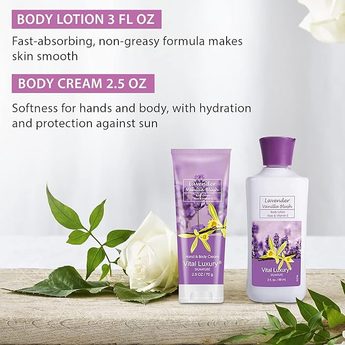 Lavender Vanilla Blush Bath & Body Kit, 3 Fl Oz, Ideal Skincare Gift Home Spa Set, Includes Body Lotion, Shower Gel, Body Cream, and Fragrance Mist,Birthday Mother's Day Gifts