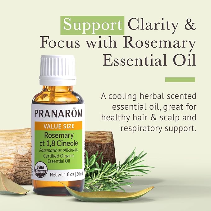 Pranarom USDA Certified Organic Rosemary Cineole Essential Oil (30ml), 100% Pure Undiluted Therapeutic Grade from Tunisia for Aromatherapy, Diffuser, Meditation, Massage, Relaxation