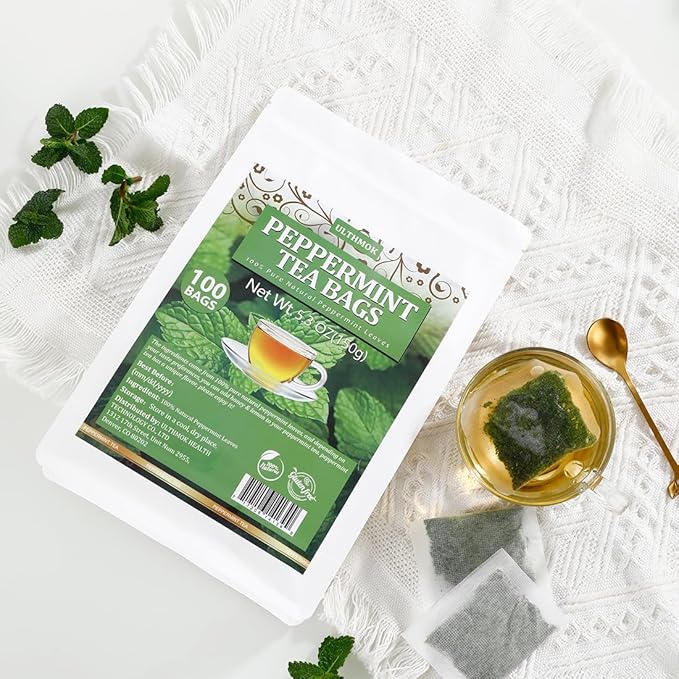 Premium Peppermint Tea Bags, 100 Tea Bags, Made with 100% Natural Peppermint Leaves, No Additives & Caffeine Free.