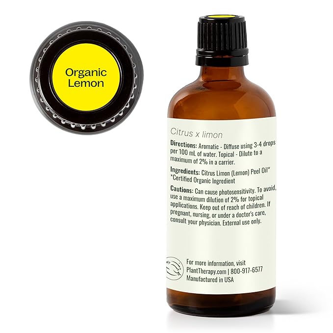 Plant Therapy Organic Lemon Essential Oil 100% Pure, USDA Certified Organic, Undiluted, Natural Aromatherapy, Therapeutic Grade 100 mL (3.3 oz)