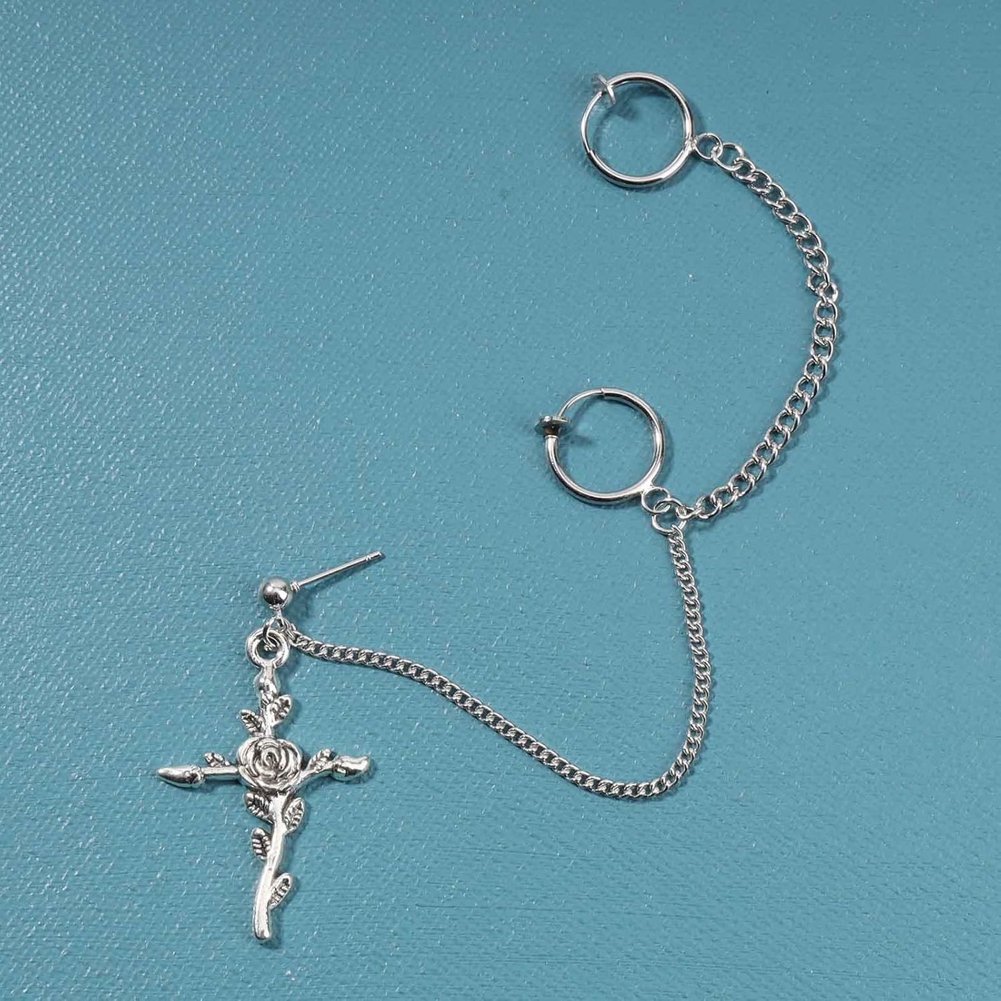 Cross Chain Cuff Earrings Silver Cross Dangle Chain Earrings Long Crucifix Drop Earrings Religious Ear Cuff Wrap Chain Earrings Jewelry for Women and Girls