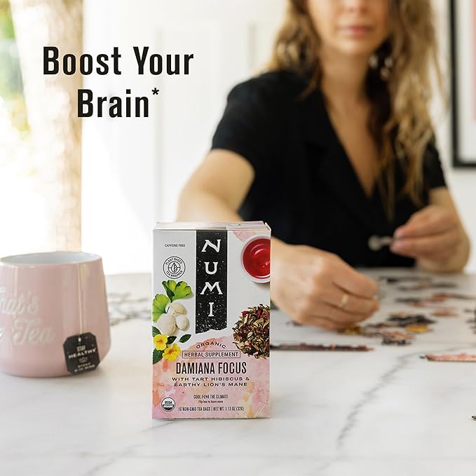 Numi Organic Damiana Focus Tea with Gingko, Lion's Mane & Hibiscus (Pack of 3), 16 Count Herbal Tea Bags