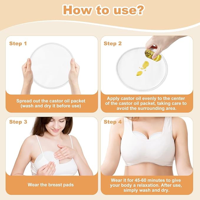 Castor Oil Pack for Breast, 4 PCS Reusable Organic Castor Oil Pack Wrap,Soft Breast Pads for Relaxing Sleeping (Oil Not Included) - White