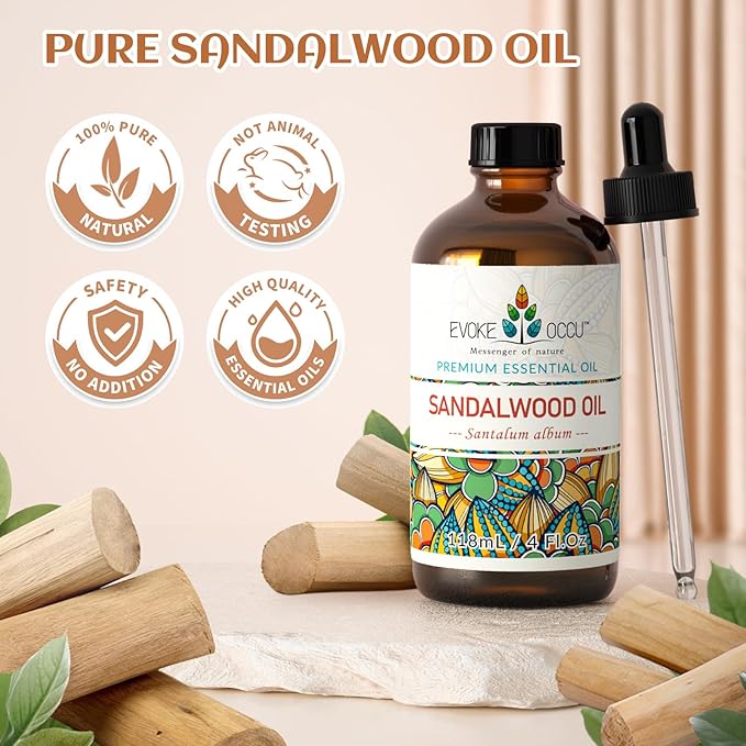 EVOKE OCCU Sandalwood Essential Oils for Skin Care, Diffuser, Perfume, Candle and Soap Making - 4 FL Oz