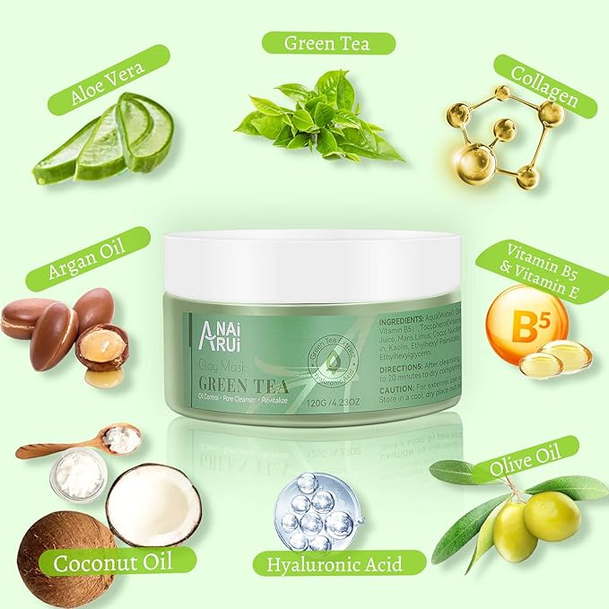 ANAI RUI Green Tea Mask, Clay Mask for Poreless Deep Cleanse, Green Tea Face Mask Blackhead Remover with Kaolin, Aloe, Collagen, Pore Minimizer, Hydrating, Moisturizing