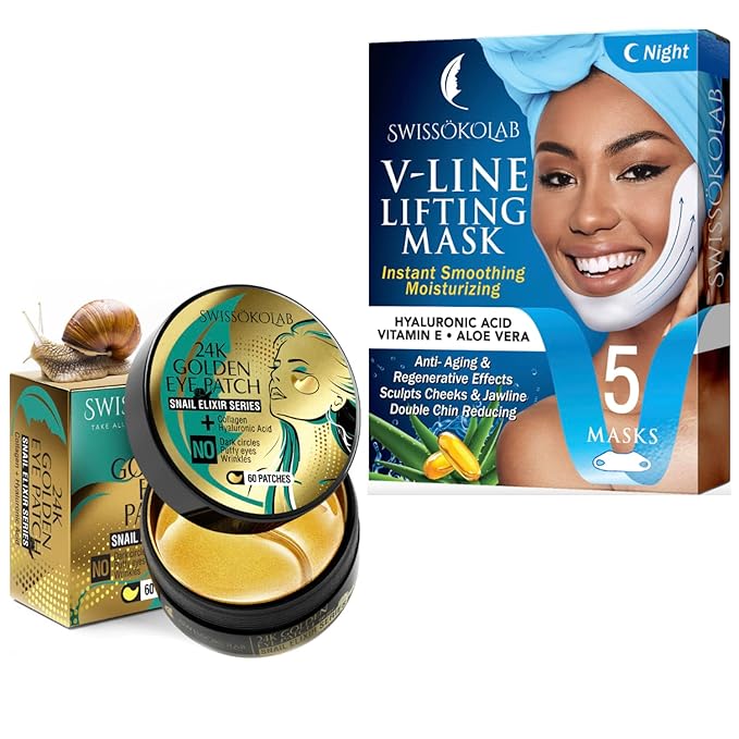 SWISSÖKOLAB Double Chin Reducer V Line Lifting Mask + Under Eye Patches For Puffy Eyes 24k Gold Eye Mask For Dark Circles
