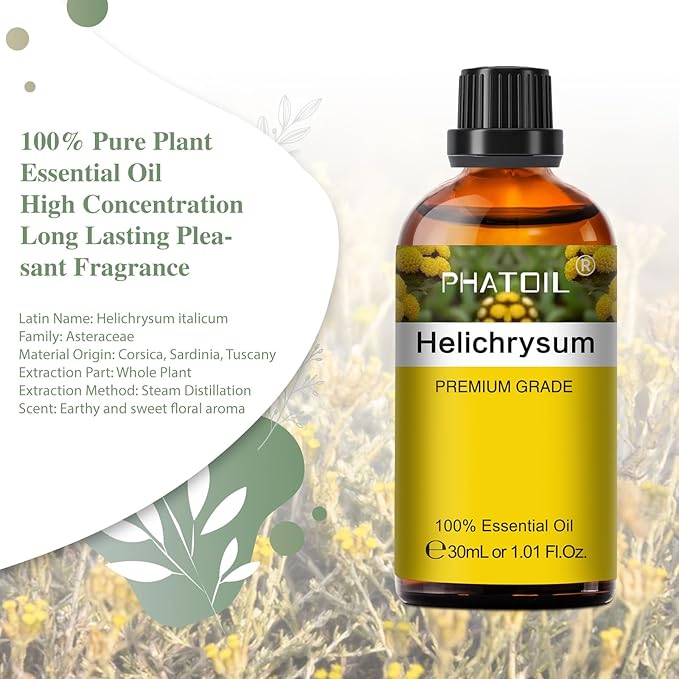 Helichrysum 1.01fl.oz Essential Oil, PHATOIL Pure Aromatherapy Oils for Diffuser, Humidifier, Perfect for DIY Soap, Candle, Bath Bombs Making(30ml)