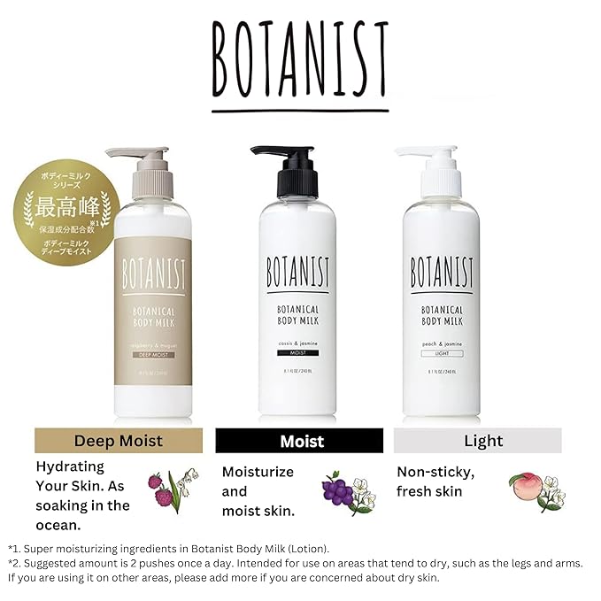 Organic Body Lotion for Women, Soothing Lotion for Sensitive & Dry Skin, Hydrating Skin Care with Botanical Butter Milk, Body Milk from Japan, MOIST, Cassis & Jasmine, 8.1 Fl Oz