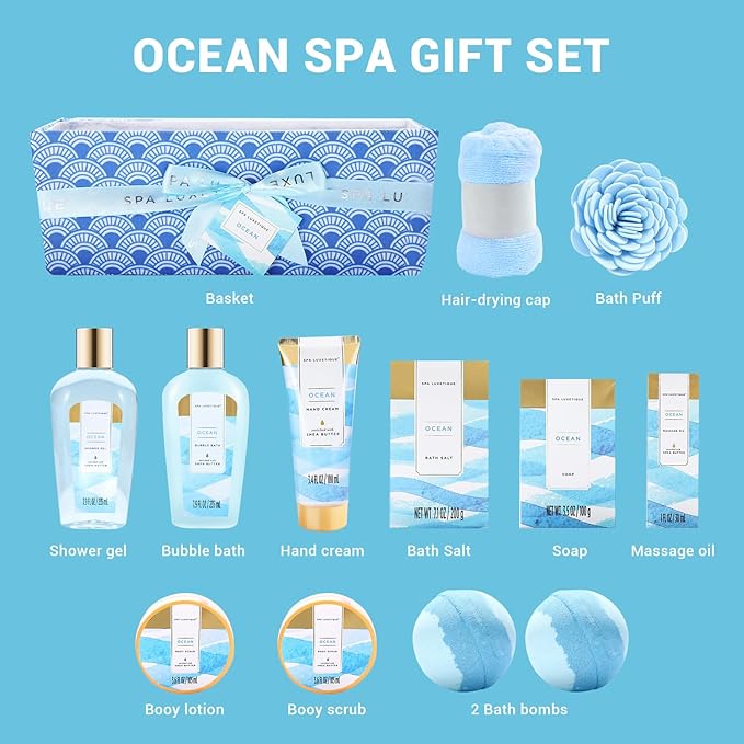 Spa Gift Basket for Women, Spa Luxetique Bath Gift Set - 12 Pcs Ocean Scented Home Bath Kit, Includes Bath Bombs, Body Scrub, Bubble Bath, Body Lotion & More, Spa Set for Women Gift