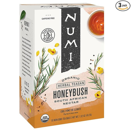 Numi Organic Honeybush Tea, 18 Tea Bags (Pack of 3), Sweet South African Herbal Tea, Caffeine Free - 54 Total Tea Bags