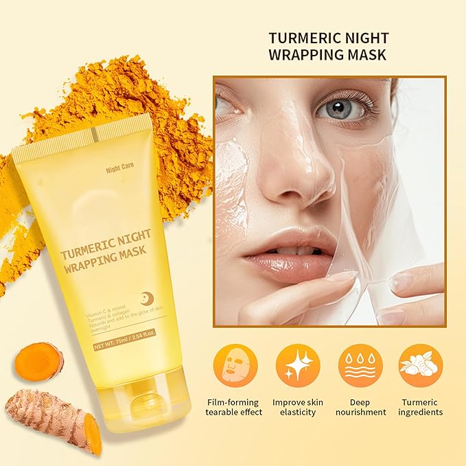 Turmeric Night Wrapping Mask, Peel-Off Face Mask Gel - Rich In Vitamin C & Retinol Long-Lasting Moisturizing & Locks In Moisture, Deep Nourish Turmeric & Collagen Mask, 2.54oz