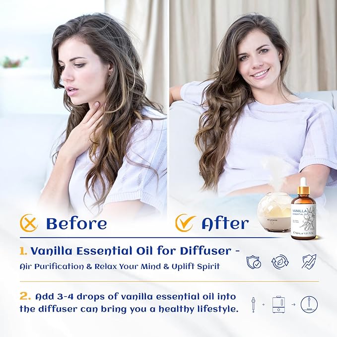 HIQILI 1 Fl Oz Vanilla Essential Oil, Undiluted Natural Strong Fragrance Add in Skin Perfume, Unscented Lotion, Candle Soap Making Scent, Relax at Home with Diffuse Warm Sweet Aroma