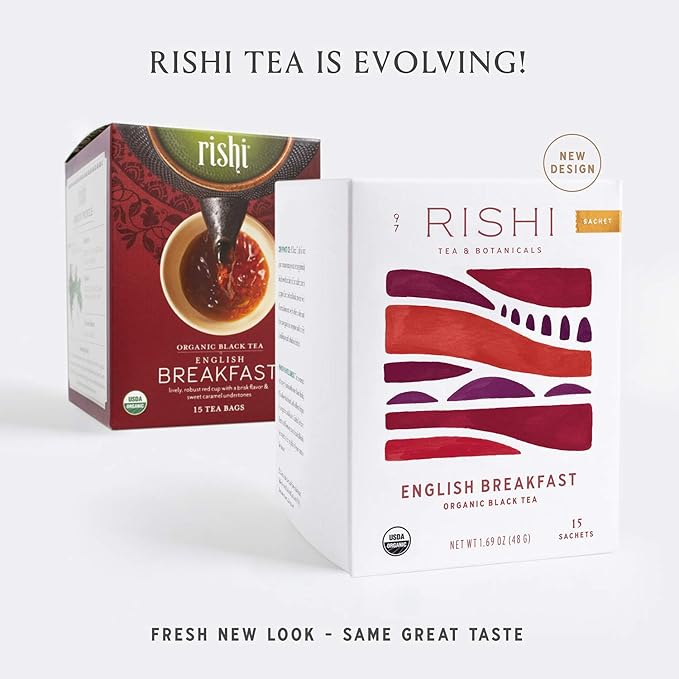 Rishi Tea English Breakfast Tea - Organic Sachet Tea Bags, Energizing & Caffeinated Pure Black Tea, Ideal for Hot or Iced Tea - 15 Count (Pack of 1)