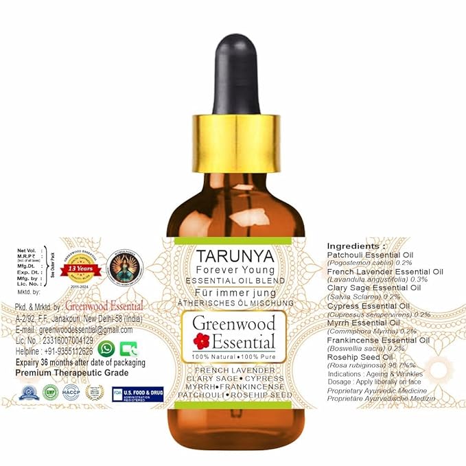 Tarunya - Forever Young - Anti Ageing Blend of Patchouli, Cypress, Clary Sage, Myrrh, Frankincense, French Lavender Essential Oils in Chilean Rosehip Oil 50ml(1.69oz)