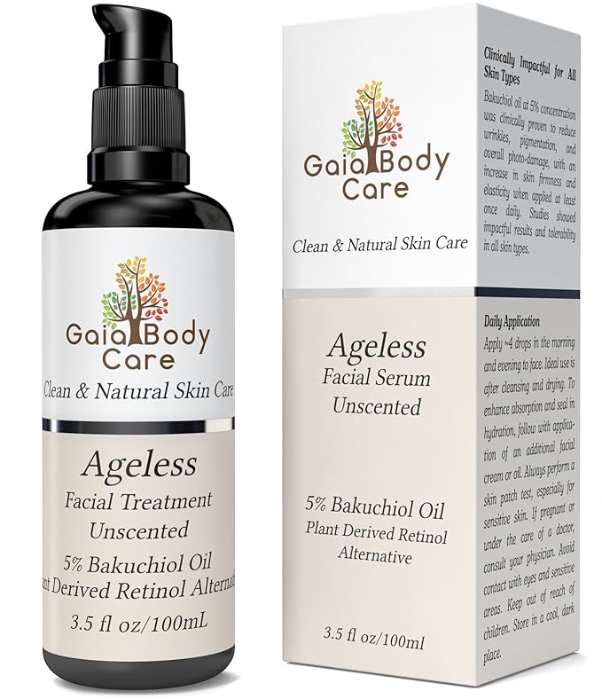 Gaia Body Care 5% Bakuchiol Oil Organic - Anti Aging, Anti Wrinkle, Reduces Fine Lines, Smooths Skin, Hydrates - Botanical Vegan - Natural Retinol Alternative Facial Oil (3.5oz, Unscented)