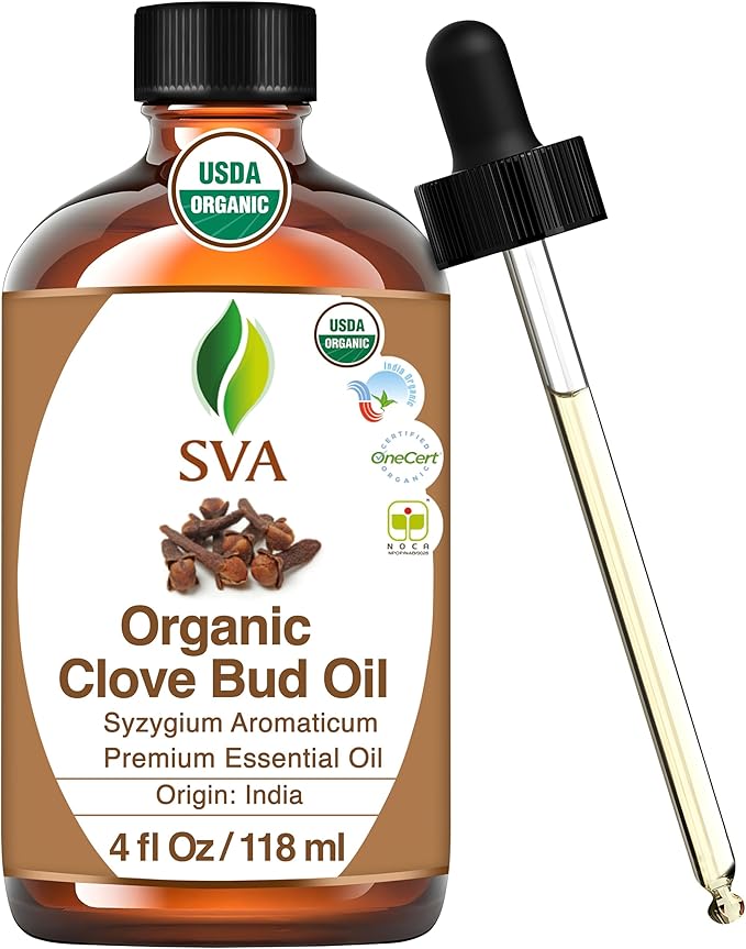 SVA Clove Essential Oil Organic – 4 Fl Oz – 100% Natural Organic Clove Oil - for Diffuser, Hair Care, Face, Skin Care, Aromatherapy, Scalp and Body Massage, Soap and Candle Making - with Dropper