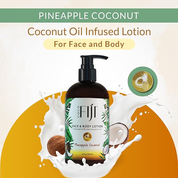 Coco Fiji Face & Body Lotion Infused With Coconut Oil | Lotion for Dry Skin | Moisturizer Face Cream & Massage Lotion for Women & Men | Pineapple Coconut 12 oz, Pack of 3