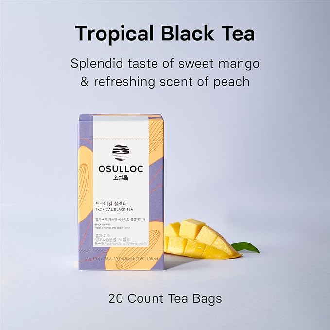 OSULLOC Tropical Black Tea (Tropical Mango & Peach Flavor), Fruit tea Blend, Premium Teabags from Jeju Island, 20 count, 1.06 oz, 30g