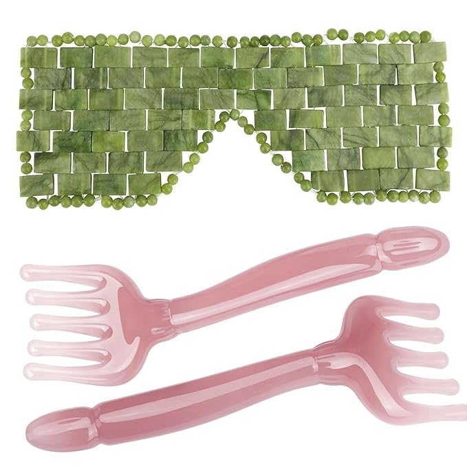 gemshan 3Pcs Jade Eye Mask and Scalp Massager Set Green Jade Stone Eye Mask Puffiness Esthetician Supplies Resin Gua Sha Comb for Scalp Stress Relief Deep Relaxation Gift
