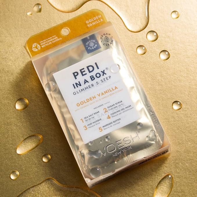 VOESH Pedi in a Box Glimmer - 2 Packs, Golden Vanilla, Pedi in a Box, Spa Pedicure Kit, Sparkly Pedicure, DIY Pedi, Foot Care, At-Home Pedi Products, Vegan Skincare