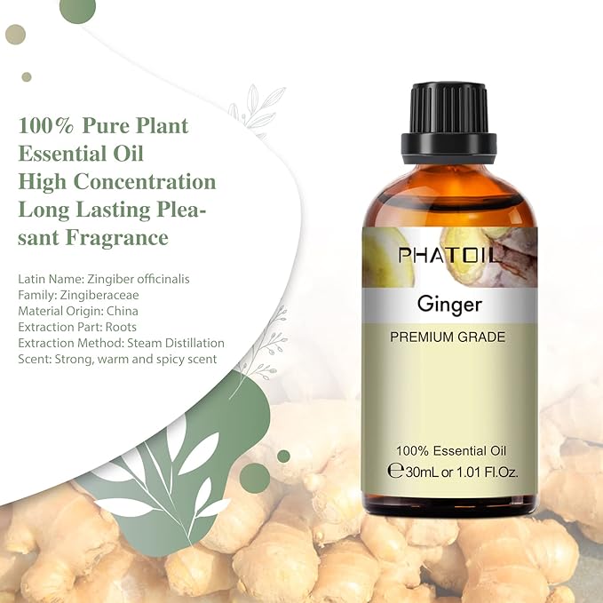 Ginger Essential Oil, 1.01Fl.Oz (30ML) PHATOIL Pure Essential Oil Singles for Aromatherapy Diffusers, Humidifiers, Great for DIY Candle and Soap Making, Gift for Friend