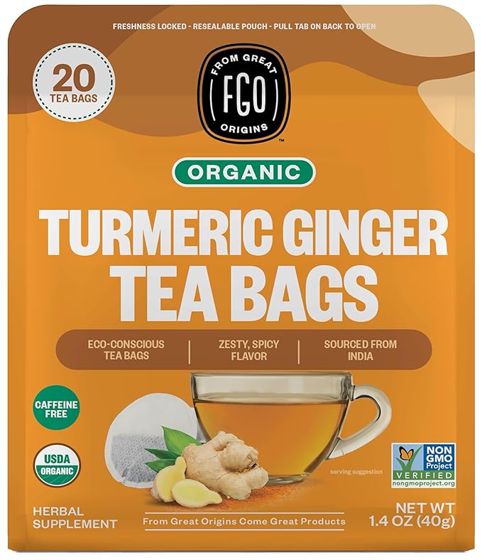 FGO Organic Turmeric Ginger Herbal Tea, 20 Count, Eco-Conscious Tea Bags, Caffeine Free, Resealable Bag, Packaging May Vary (Pack of 1)