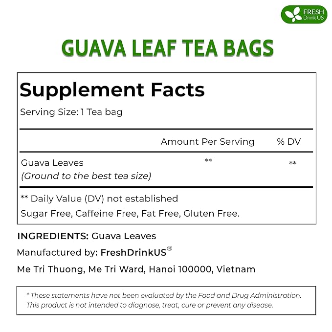 FreshDrinkUS, Premium 75 Guava Leaf Tea Bags, 100% Natural & Pure from Guava Leaves. Loose Leaf Guava Herbal Tea. Guava Leaf Tea. No Sugar, No Caffeine, No Gluten, Vegan.