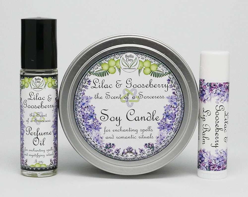 Lilac & Gooseberry Gift Set | Perfume with Soy Candle Tin and Lip Balm | Full Size Products | Yennefer Scent of a Sorceress by Bella Des Natural Beauty