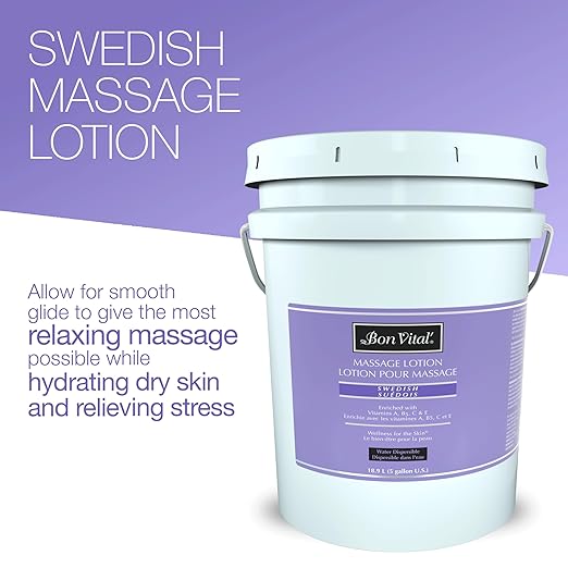 Bon Vital' Swedish Massage Lotion for Skin Tone Improvement, Dry Skin Repair, Increased Circulation, and Stress Relief, Great for Swedish and Sports Massages, 5 Gal, Label may Vary